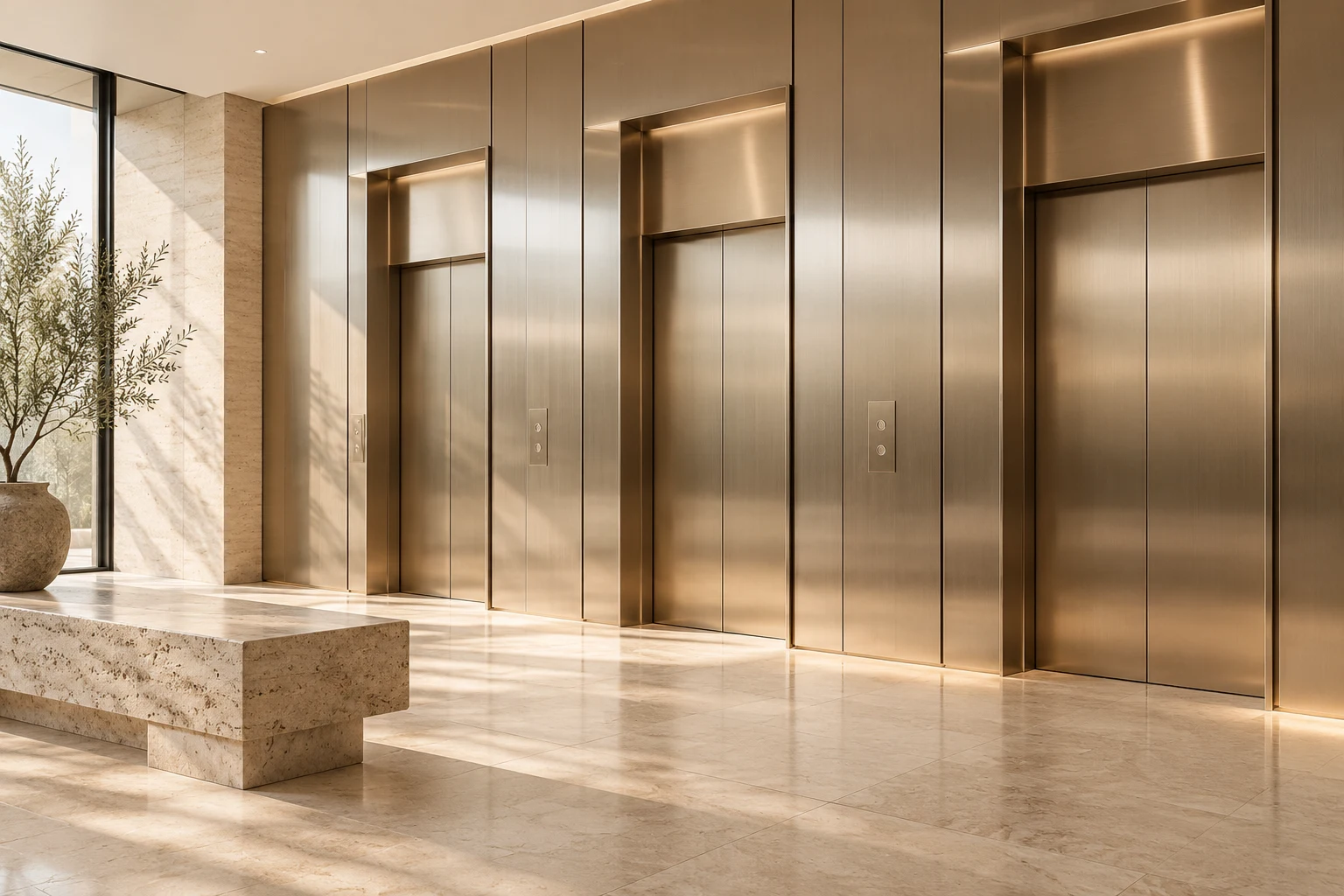 Concept visualization of champagne stainless steel elevator surrounds and wall panels in a contemporary lobby